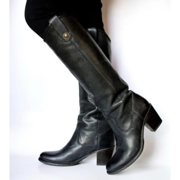 Frye Jackie Button Tall Black Leather Heeled Boot - Picture 2 of 7